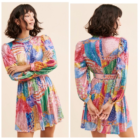 CeliaB Dresses & Skirts - CeliaB Popa Mini Dress Sequin Rainbow‎ Long Sleeve Medium